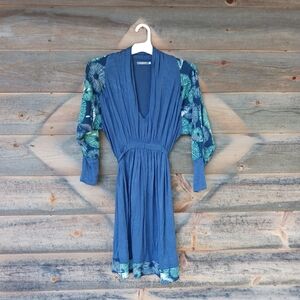 Earthbound Trading Co Boho Peasant Blue Floral Dress Womens Size Medium V-neck